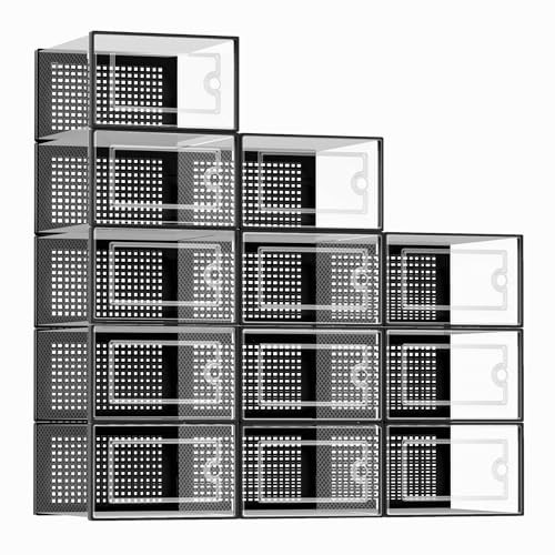 KUJECT X-LARGE SHOE STORAGE BOXES 12 PACK, CLEAR STACKABLE SHOE ORGANIZER BLACK