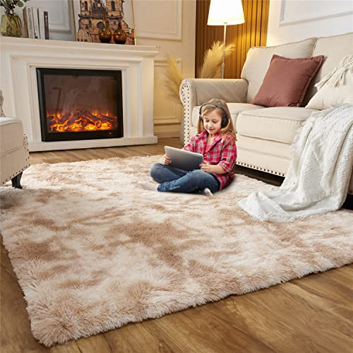 B09F9LQHWT Fluffy Shag Area Rugs for Bedroom, 5 x 7 Feet Tie-Dyed Beige