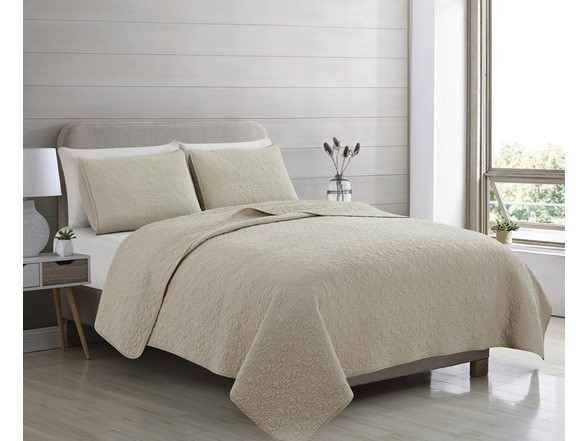 ZAFIRA 100% COTTON STITCHED 3 PIECE QUILT AND SHAM SET, FULL/QUEEN - LIGHT TAUPE