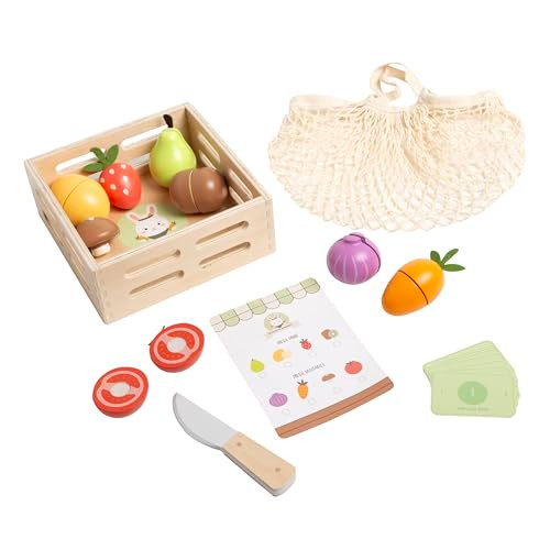 Pearhead Wooden Play Food Set - 21-Piece Pretend Kitchen Toy, Ages 2 3 4 New