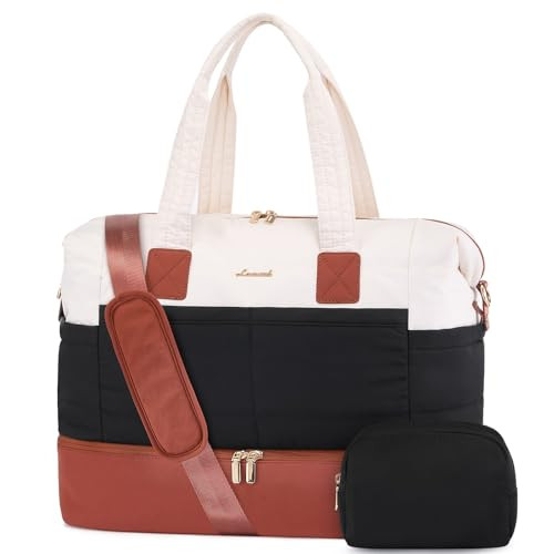 LOVEVOOK TRAVEL DUFFLE BAG - PUFFER WEEKENDER BAGS FOR WOMEN - OFF WHITE/BLACK New