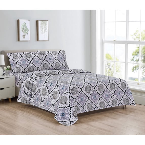 BIBB HOME EGYPTIAN LUXURY 1800 COUNT 4 PIECE SET LILAC MEDALLION -SIZE KING