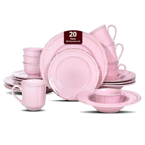 HomeVss 20pc Dinnerware Set Plate Bowl Set Stoneware Dishes B0BM8JXKZT - Pink New