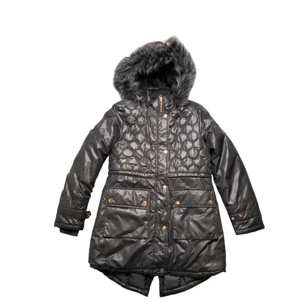 LONDON FOG GIRLS QUILTED PUFFER PARKA FAUX FUR‎ HOOD JACKET SIZE YOUTH M - BLACK New