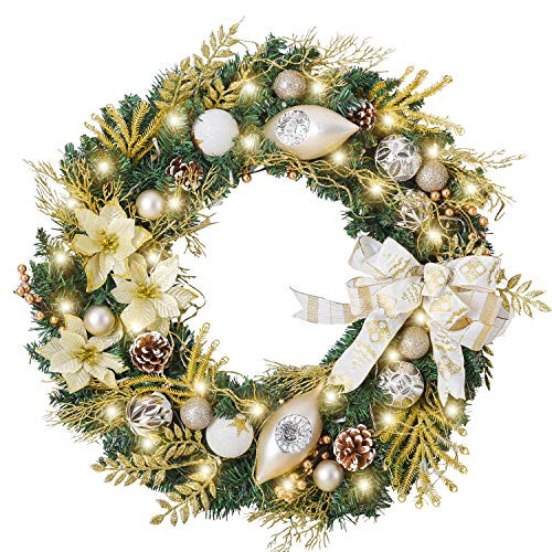 WANNA-CUL Pre-Lit 24 Inch Lighted Christmas Wreath, Ball Ornaments, B096DPFKPS New
