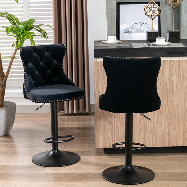 LA SPEZIA SWIVEL BLACK VELVET BARSTOOLS ADJUSATBLE SEAT HEIGHT SET OF 2. - BLACK