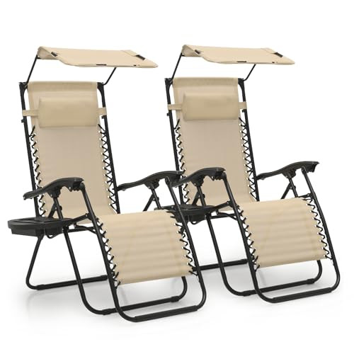 MONIBLOOM ZERO GRAVITY CHAIR, SET OF 2, FOLDING LOUNGER WITH CUP HOLDER - CREAM