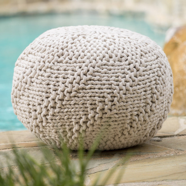 LE POUF GDF STUDIO ASHBURY BOHO ROUND HAND-CRAFTED KNITTED OTTOMAN - IVORY New