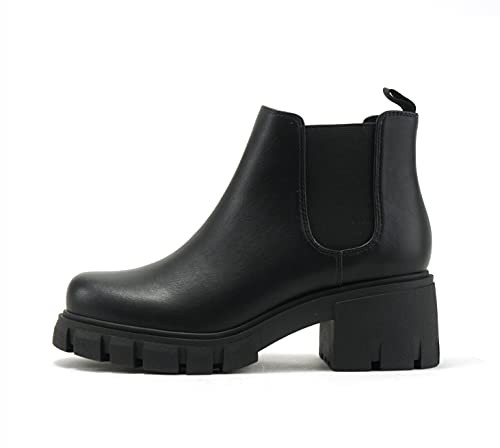 Soda PIONEER Women Lug Sole Mid Heel Chelsea Ankle Bootie (Black, 8)