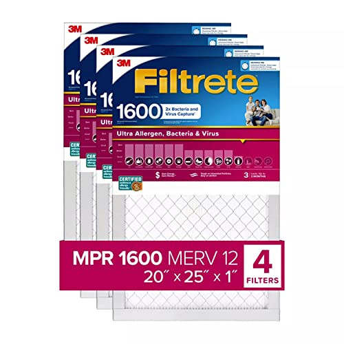 Filtrete Ultra Allergen 2X Bacteria Virus Filter (1600 MPR), 20x25x1 (4 Pack) New