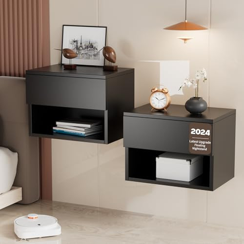 Floating Nightstand Modern Wall Mounted Bedroom (Black, Set of 2) B0D73ZP1KW New