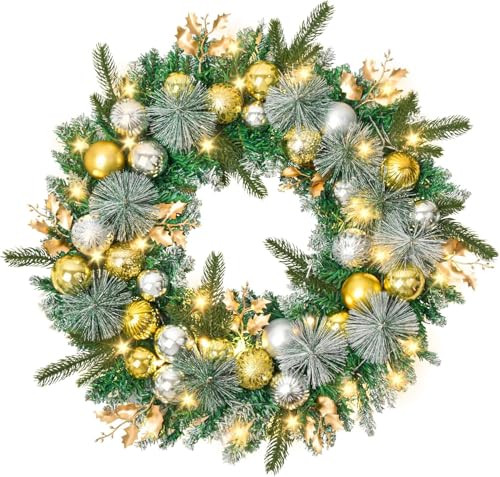Prelit Christmas Wreath 50LED,24In Gold Silver Christmas Door Wreath B0DBLPJW2X New