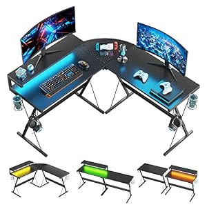 Bestier Modern L-Shaped Gaming Desk 55" 2 Cup Holders 2 Headset Hooks Black New