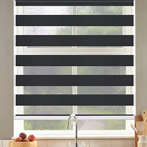 SEEYE Cordless Zebra Blinds Roller Shades Dual Layer Light 29" W X 72" H, Black