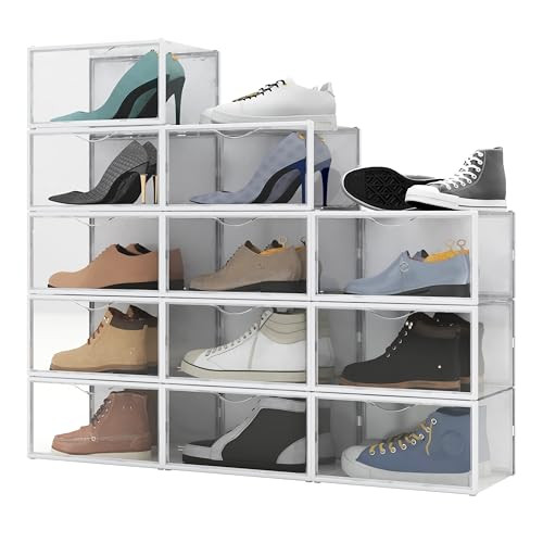Side Open Shoe Boxes 12 PACK Clear Shoes Storage Containers Organizer Foldable