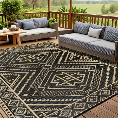 VSIWB Waterproof Outdoor Rug 9x12 ft, Reversible Plastic Straw Mat - Black New