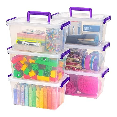 IRIS 5 Quart Plastic Storage Bins Secure Buckles Portable Clear/Violet 6 Pack New