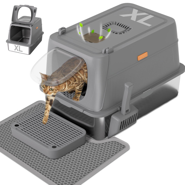 KERHOUZE STAINLESS STEEL LITTER BOX WITH LID ENCLOSED LARGE CAT - DARK GRAY