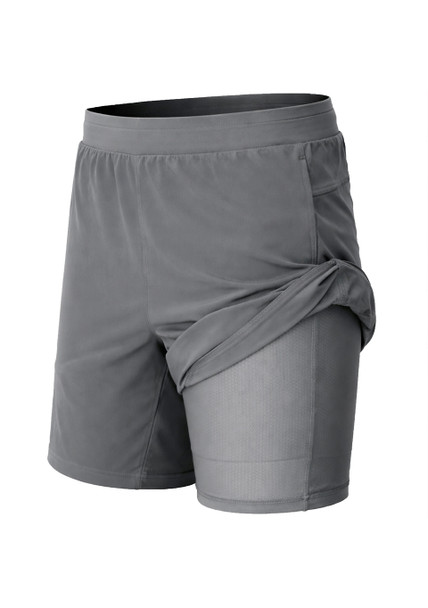 JUMP START MEN 2IN1 STRETCH ACTIVE QUICK DRY GYM RUNNING SHORTS - SIZE: S - GRAY New