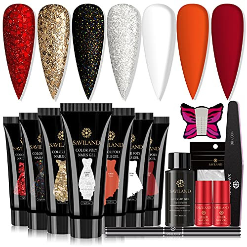 Saviland Poly Nails Gel Kit - 7 Colors Nail Extension Gel Kit Glitter Hard Gel New