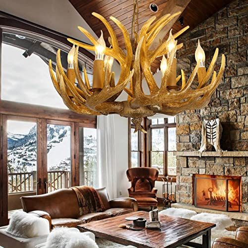 OJZZG Deer Antler Chandelier 6 Lights Resin Chandeliers Lighting - Brown New