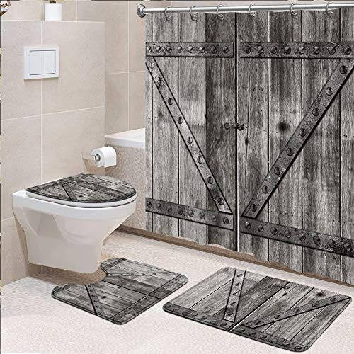 4 Pcs Rustic Shower Curtain Set Wooden Barn Shower Curtain Fabric New