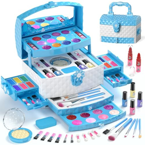 PERRYHOME KIDS MAKEUP SET FOR GIRL 56 PCS WASHABLE COSMETIC PRINCESS - BLUE New