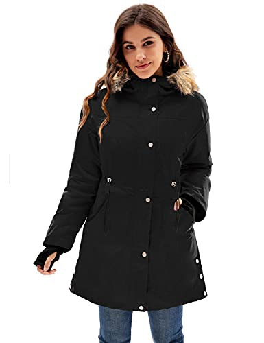 GRACE KARIN Women's Winter Drawstring Hood Coat Parkas Fleece Lined Black L
