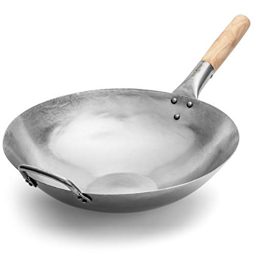 Carbon Steel Pow Wok Pan Authentic Hand Hammered 14" Flat Bottom B07QKHQ7BZ -NEW New