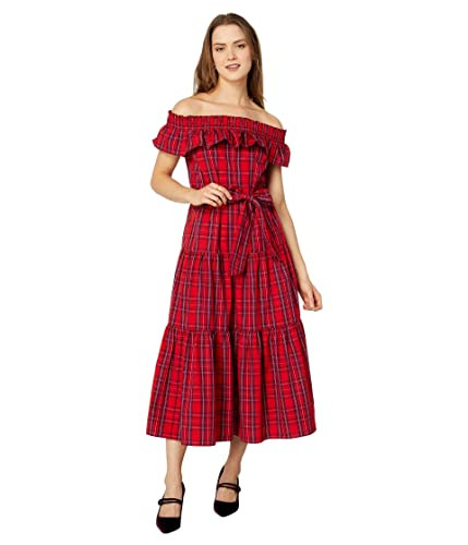 B0BK4FYCNN Draper James Off-The-Shoulder Tie Waist Dress Angie Plaid Red 2XL New