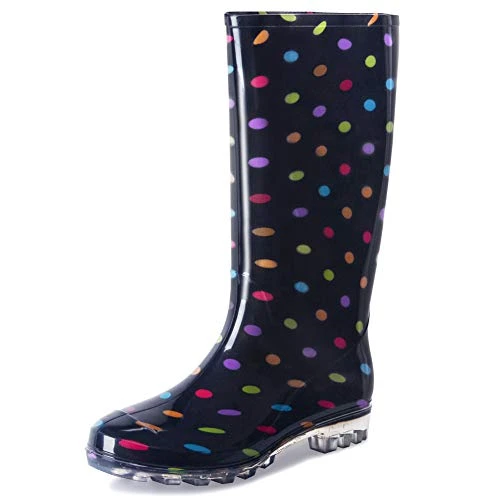 landchief Women's Knee High Rain Boots PVC Waterproof Size: 8 - Black/Polka Dots