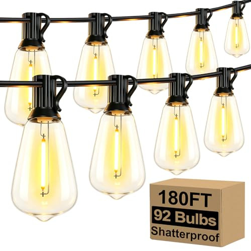 Brightever 180FT Outdoor String Lights 94 Bulbs, Waterproof Patio Lights New