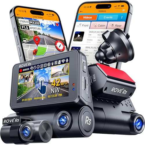 ROVE R3 3 Channel Dash Cam Front and Rear with Cabin, 3in IPS Touch Screen