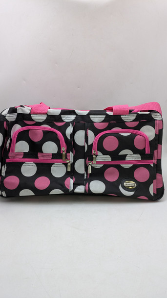 Rockland Duffel Bag Size: 22"x 11" X 12" - Black w/ White and Pink Polka Dot New
