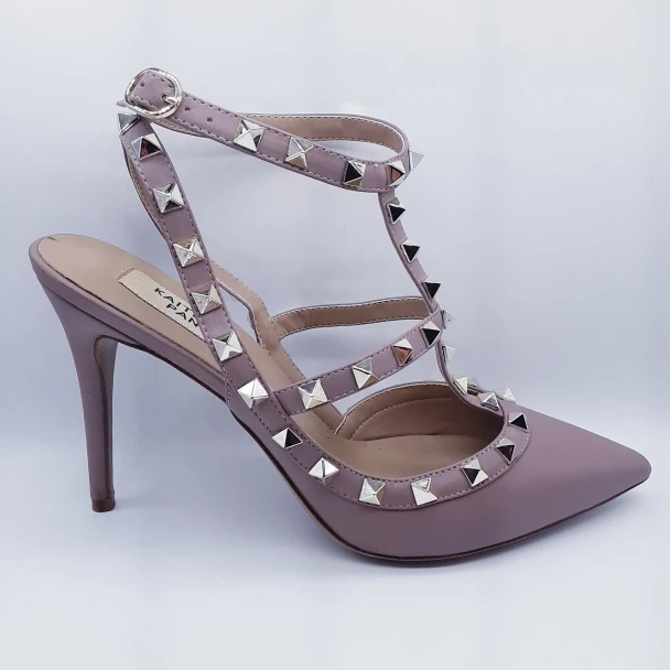 KAITLYN PAN STUDDED LEATHER HIGH HEELS - SIZE: WOMEN 6.5 - POUDRE MATTE