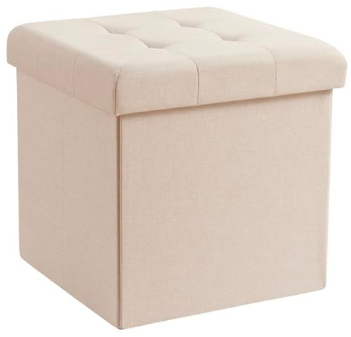 Ornavo Home 15 Inch Folding Storage Ottoman Cube, Tufted Linen, Beige New