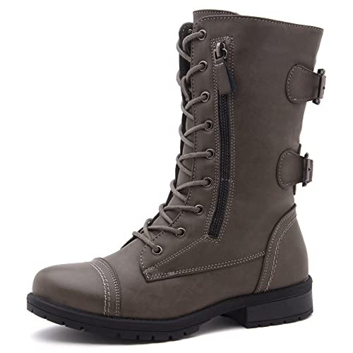 Shoe Land Kasey Women's Ankle Lace Up Military Combat Booties, Grey, Size 11 New