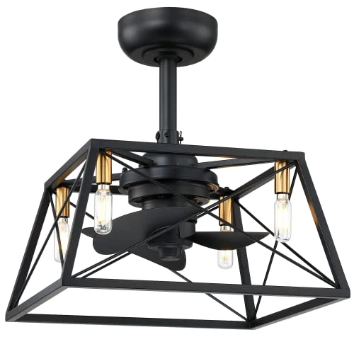 MOTINI Caged Ceiling Fan with LED Light Kit - Black/Gold Brushed Brass New