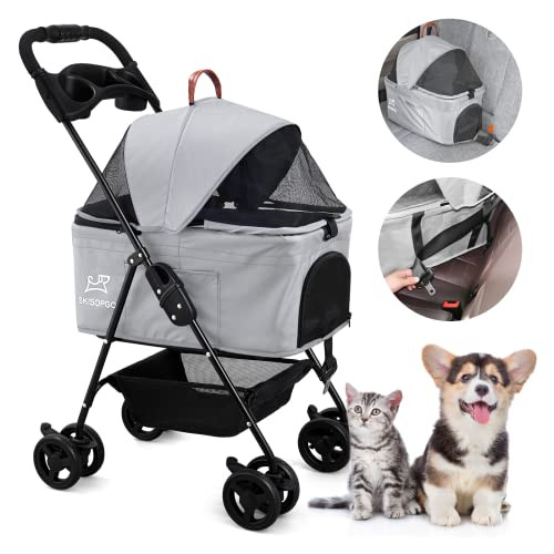 SKISOPGO Dog Cat Pet Gear 3-in-1 Foldable Pet Stroller Detachable Carrier Gray