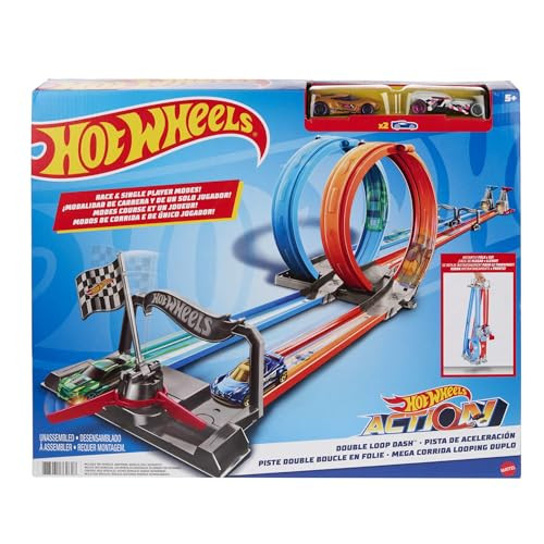 Hot Wheels Double Loop Dash Drag Racing with 2 Vehicles Playset New