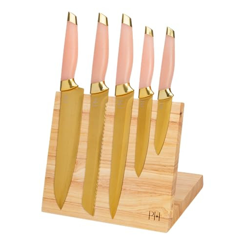 PARIS HILTON KNIFE BLOCK SET, MAGNETIC WOODEN KNIFE BLOCK, 6PC PINK/GOLD