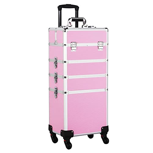 Yaheetech 4-in-1 Rolling Makeup Train Case Aluminum Cosmetic Trolley Pink New