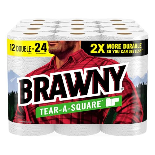 Brawny Paper Towels, Tear-A-Square, 12 Double Rolls, 3 Sizes, 4 Packs - White New