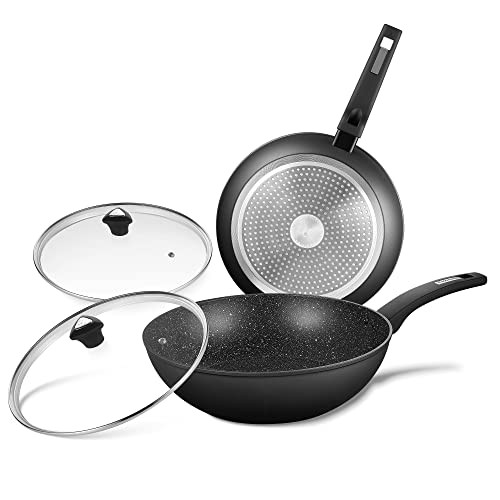 KOCH SYSTEME CS 11"/12" Nonstick Frying Pan, Glass Lid, 4PC, B08DR54VPN - Black