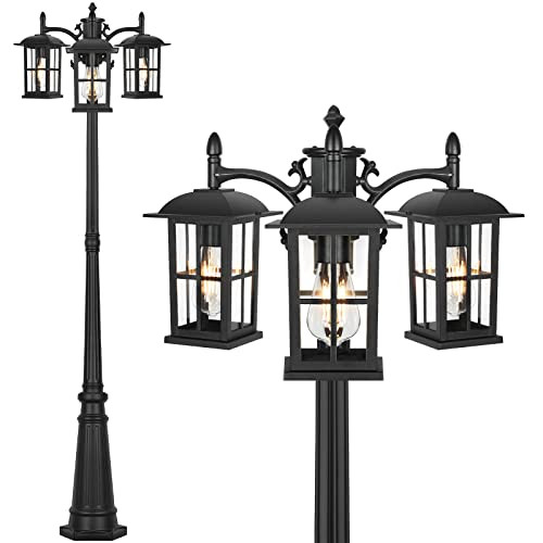 SadieStan Outdoor Lamp Post Light 3-Head 78IN Water E26 Triple Clear Shade Black New