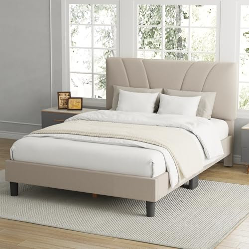 AVENCO QUEEN BED FRAME UPHOLSTERED PLATFORM ADJUSTABLE HEADBOARD - BEIGE