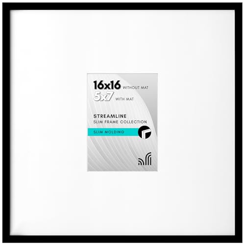 Americanflat 16x16 Picture Frame - Matted to 5x7 - Slim Molding - Black New