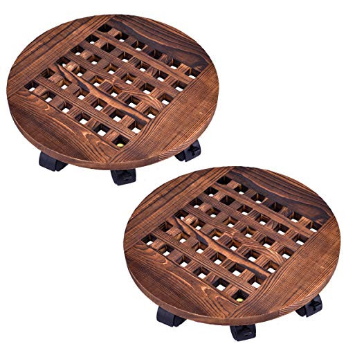 GeBot 16" Round Rolling Wooden Planter Caddy Padded Flower Pot B07QMGHLTJ