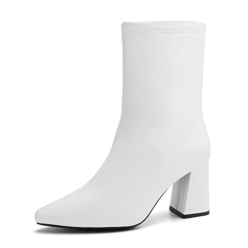 JABASIC Women Ankle Boots Pointed Toe Boots High Heel Booties (9,White)