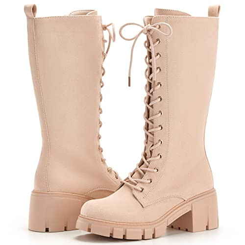 TINSTREE Women's Knee-High Boots Ladies Juniors Suede Heel Size: 8 - Beige/Tan
